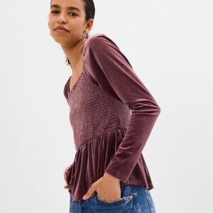 Gap Smocked Velvet Peplum Top Women’s Size XL Puff Shoulders Square Neckline